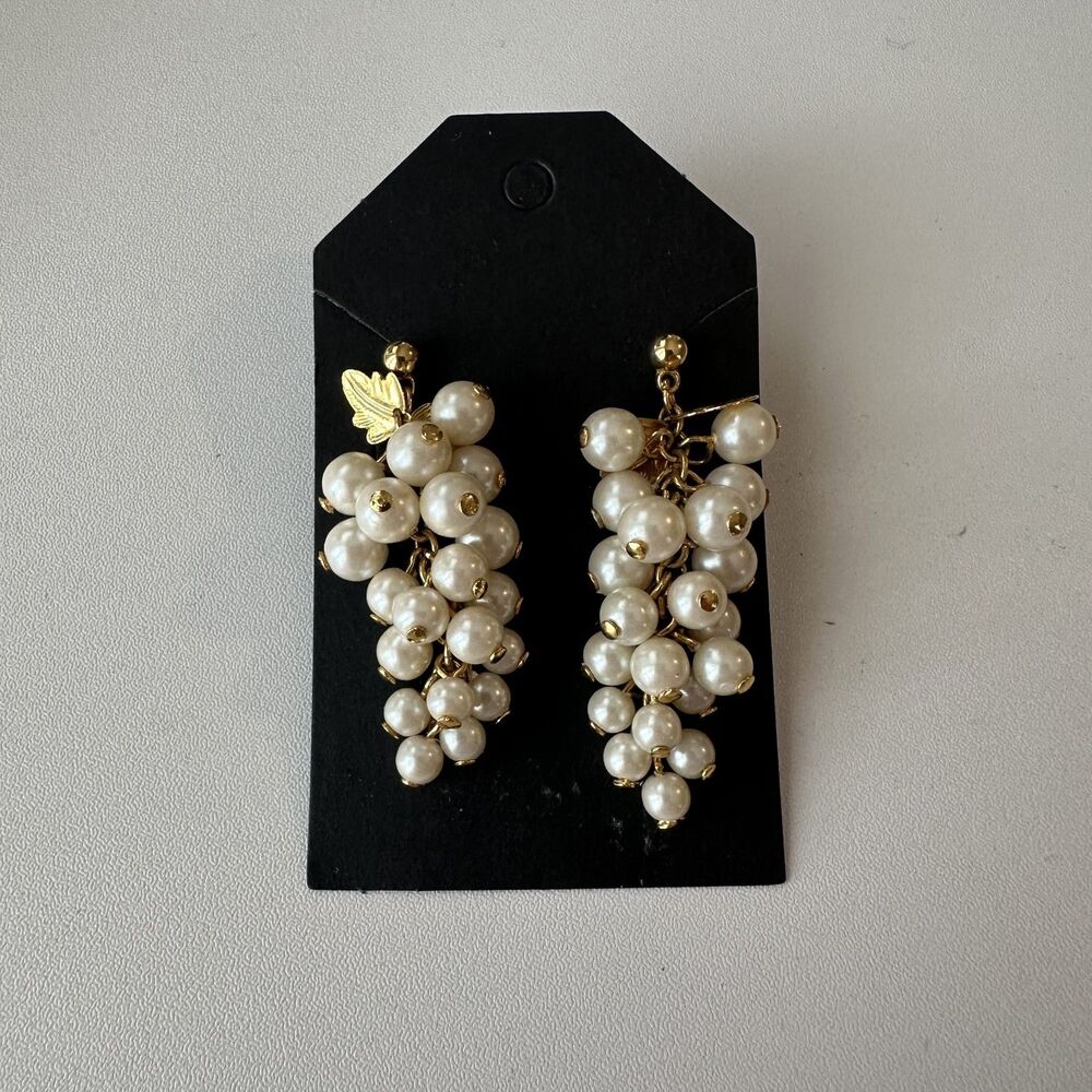 Vintage 80s Wine Grape Style Drop Earrings White Beads Gold Leaves Dangle Drop